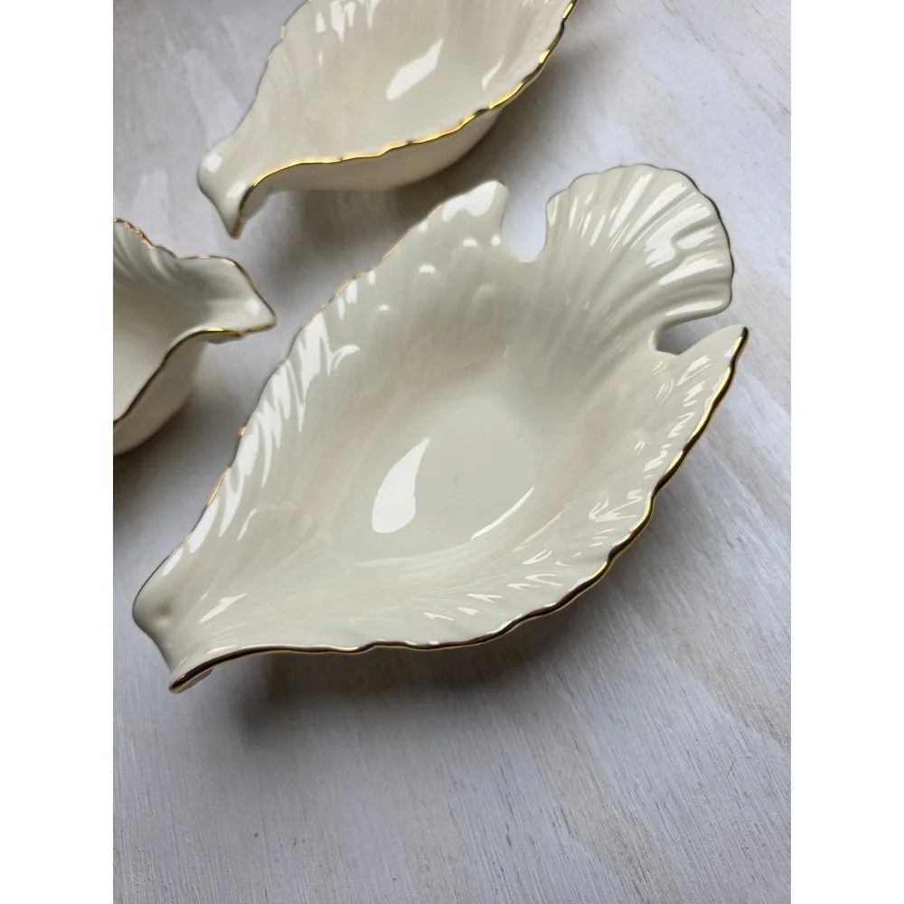 Lenox Dove Ivory Bone China Leaf Candy Dish Set of 3 Gold Trim Vintage USA Bowls
